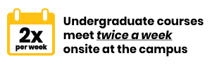 Undergraduate courses meet twice a week onsite at the campus