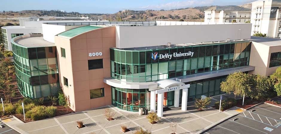 Modern campus building displaying "DeVry University" signage at 8000