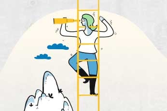 Person climbing a ladder and using a telescope to survey a distant mountain peak