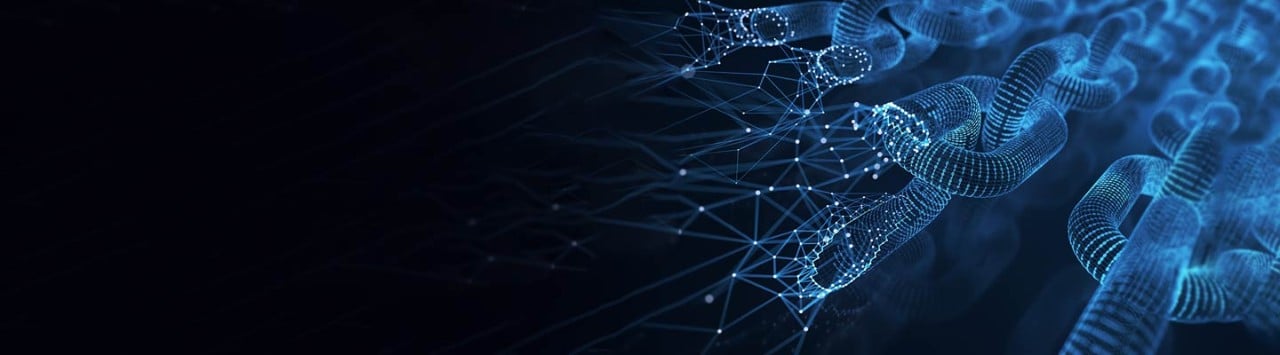 Futuristic blue digital chain fragmenting into interconnected data nodes, network lines on dark background