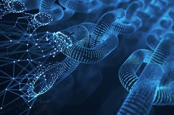 Wireframe blue chain links composed of glowing network nodes against dark background