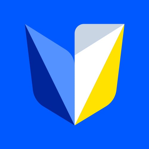 Stylized folded-book emblem showing blue, white, and yellow pages on bright blue background