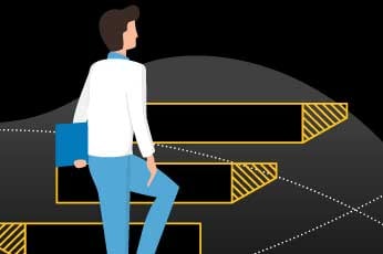 Person holding blue folder climbing yellow-striped platform steps on dark background