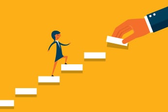 Businesswoman climbing ascending blocks aided by giant hand on yellow background