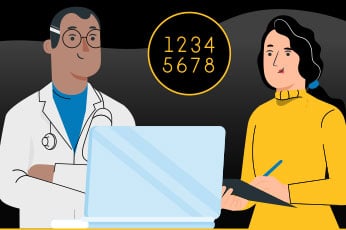 Doctor and patient reviewing laptop screen while female writes notes, code "1234 5678" visible