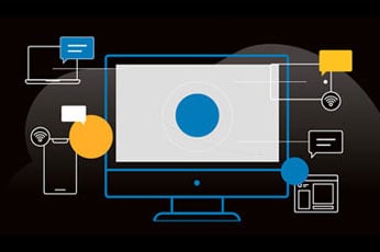 Desktop monitor, smartphone and laptop connected by lines illustrating responsive messaging network