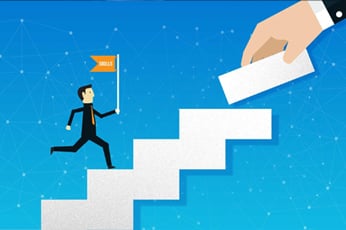man climbing steps toward a flag reading "Goal" while giant hand adds a step