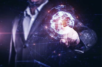 Businessman in suit touches glowing holographic globe surrounded by network nodes and data streams