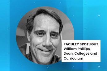 Smiling faculty portrait with label "FACULTY SPOTLIGHT" and title "Dean, Colleges and Curriculum"