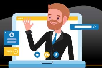 Animated professional waving from laptop screen amid floating app interface elements