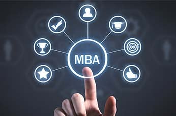 Person finger pointing to glowing "MBA" central hub with connected icons