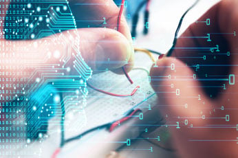 Hand adjusting eyeglass frame with holographic circuit and data overlay