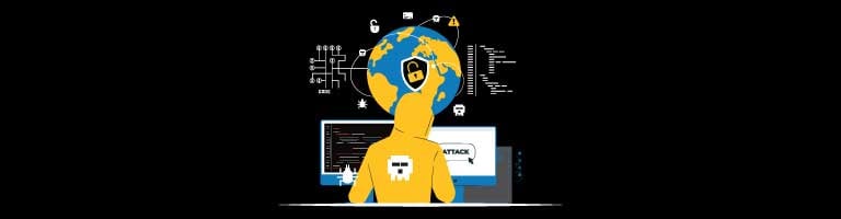Hacker in yellow hoodie launching a cyber attack in front of globe and monitors