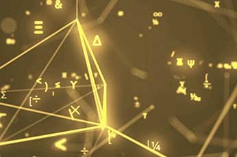 Glowing geometric network with floating mathematical symbols on warm golden background