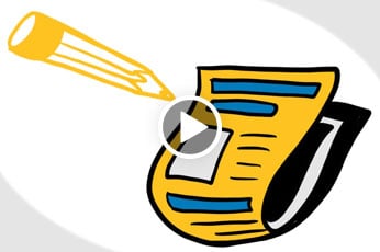 Cartoon pencil writing on a yellow notepad against white background