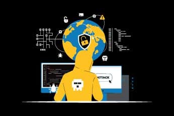 Person in yellow hoodie clicking "ATTACK" button, globe with padlock and code symbols