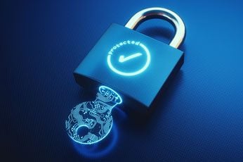 digital circuit key unlocking glowing padlock labeled "Protected" against dark blue background