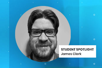 "STUDENT SPOTLIGHT" label with smiling person wearing glasses against blue gradient background