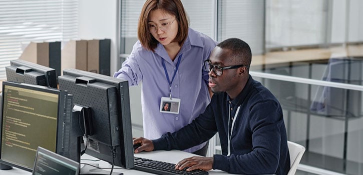 Woman stands next to man seated at a computer and points to monitor in an office environment.