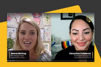 Two women speaking in split-screen virtual interview with visible name labels